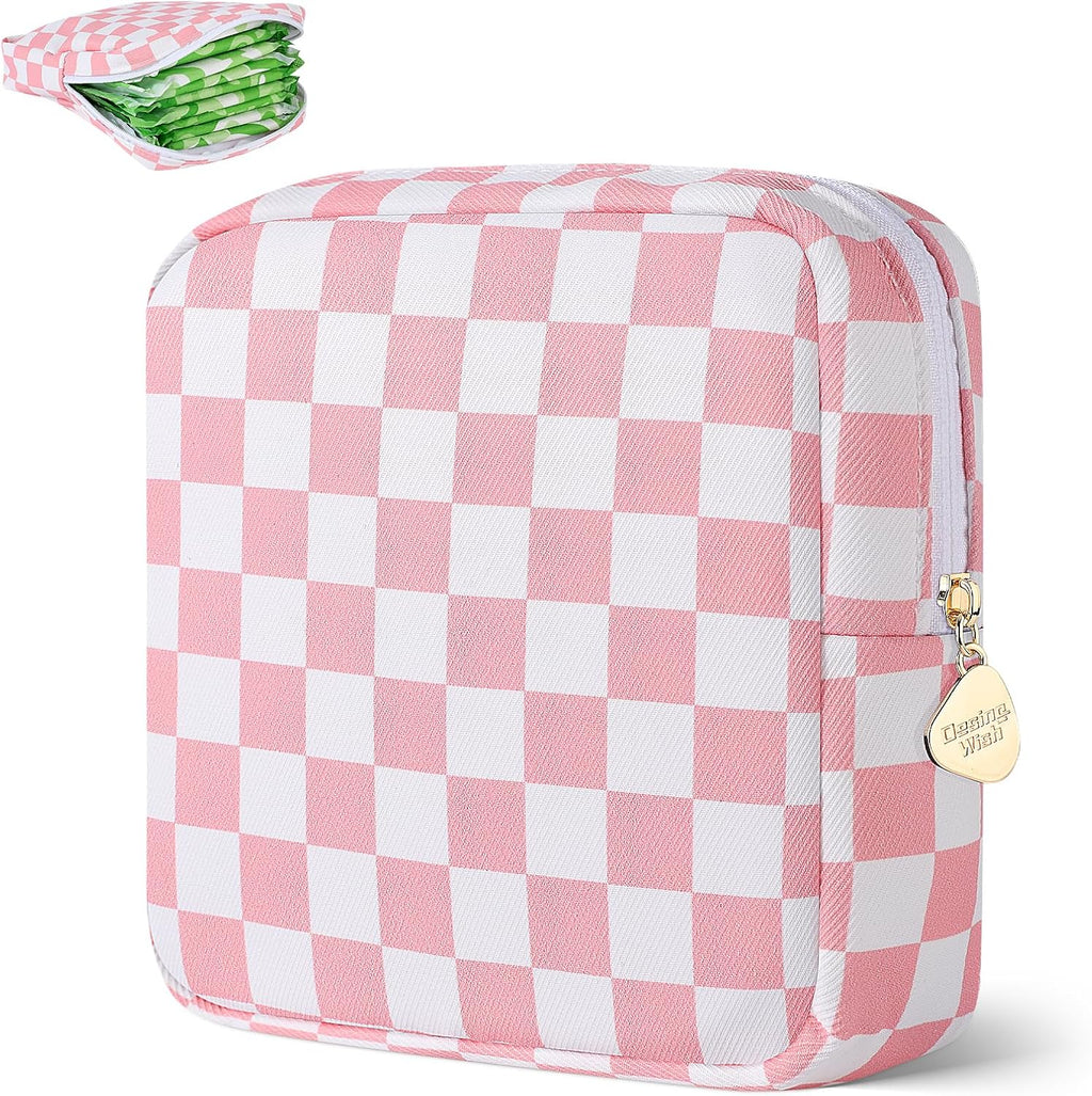 Desing Wish Sanitary Pad Storage Bag Portable Period Bag for Teen Pads/Sanitary Napkins/Small Tampons, Sanitary Napkin Storage Bag First Period Gifts for Teen Girls (Pink-White Checker)