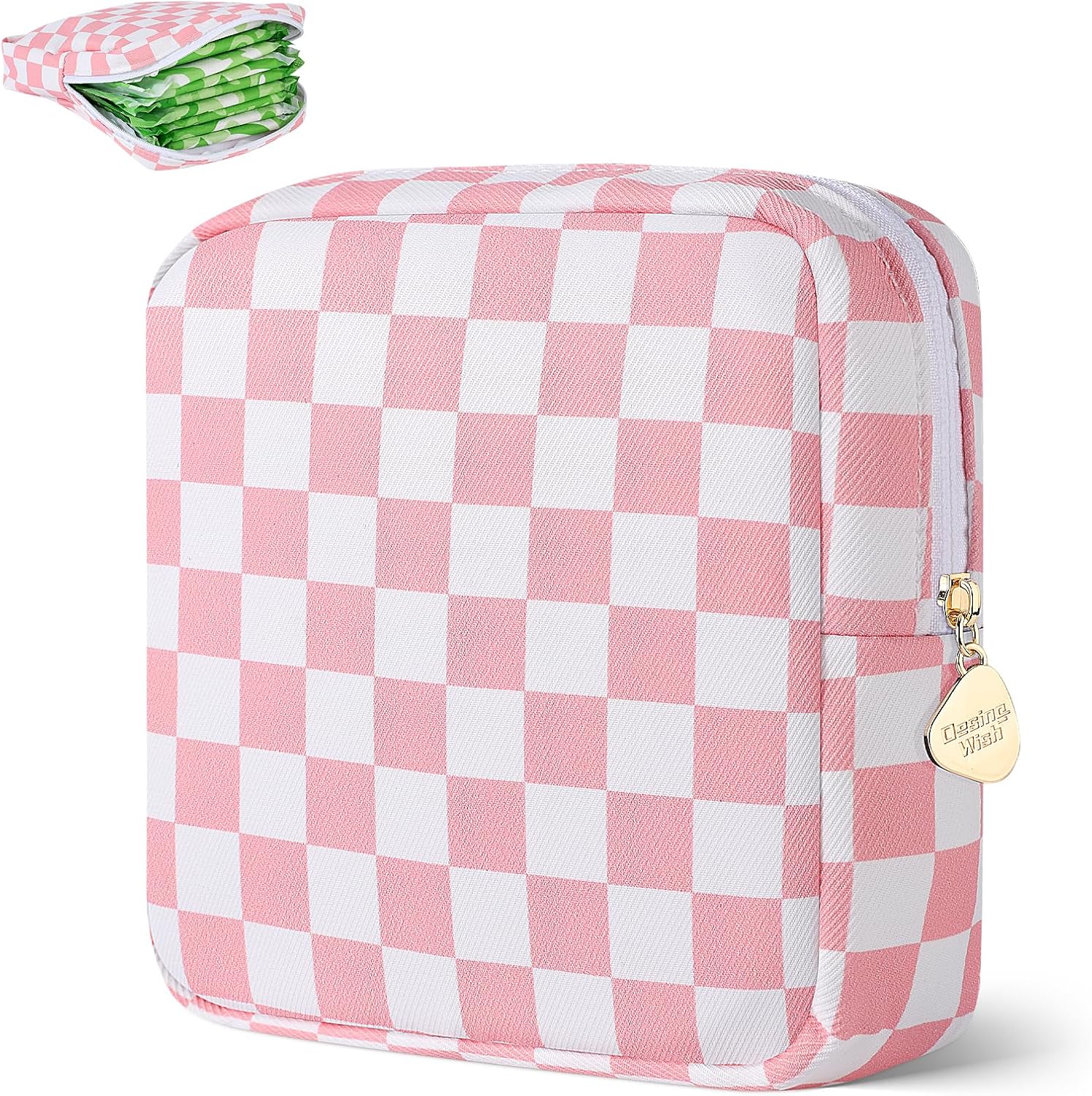 Desing Wish Sanitary Pad Storage Bag Portable Period Bag for Teen Pads/Sanitary Napkins/Small Tampons, Sanitary Napkin Storage Bag First Period Gifts for Teen Girls (Pink-White Checker)