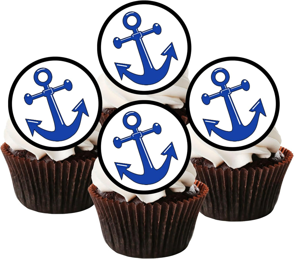 Anchor Edible Cupcake Toppers, Sailor Navy Edible Cake Decorations, Nautical Anchor Decor Cookie and Cake Topper Decorations, 24 x 4cm / 1.5 Inch PRECUT Wafer Card Discs