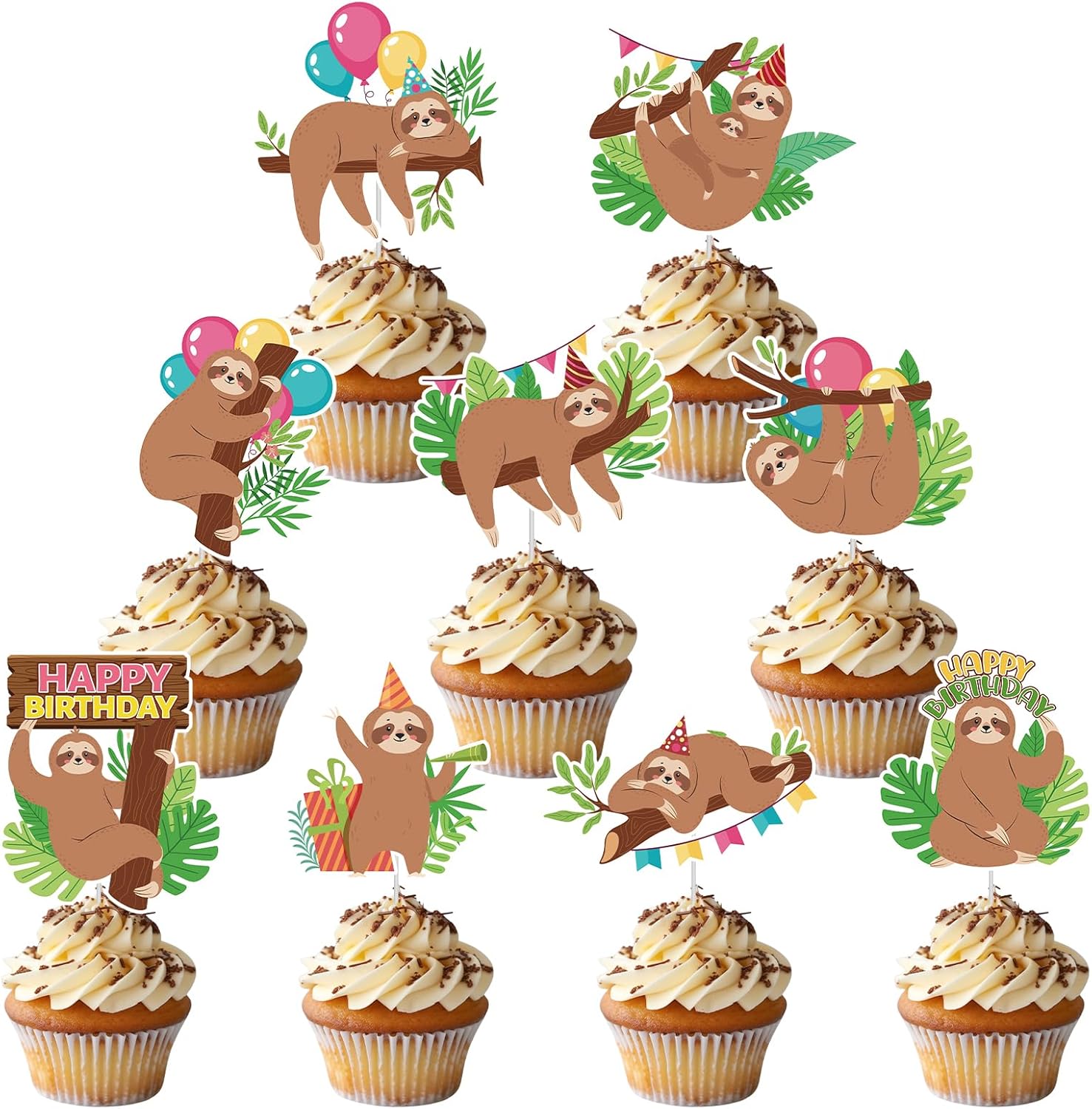 Sloth Themed Party Cake Toppers - Joybileefun 36PCS Sloth Birthday Decorations Cupcake Toppers for Kids Boys Girls Cute Animal Theme Sloth Cupcake Toppers Baby Shower Party Decorations