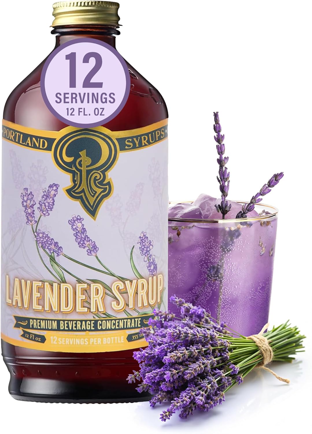 Portland Syrups Lavender Syrup - Premium Beverage Concentrate for Delicious Cocktails, Tea, Soda, Coffee Drinks, Baking, and More - 12 oz with 12 Servings (Pack of 1)