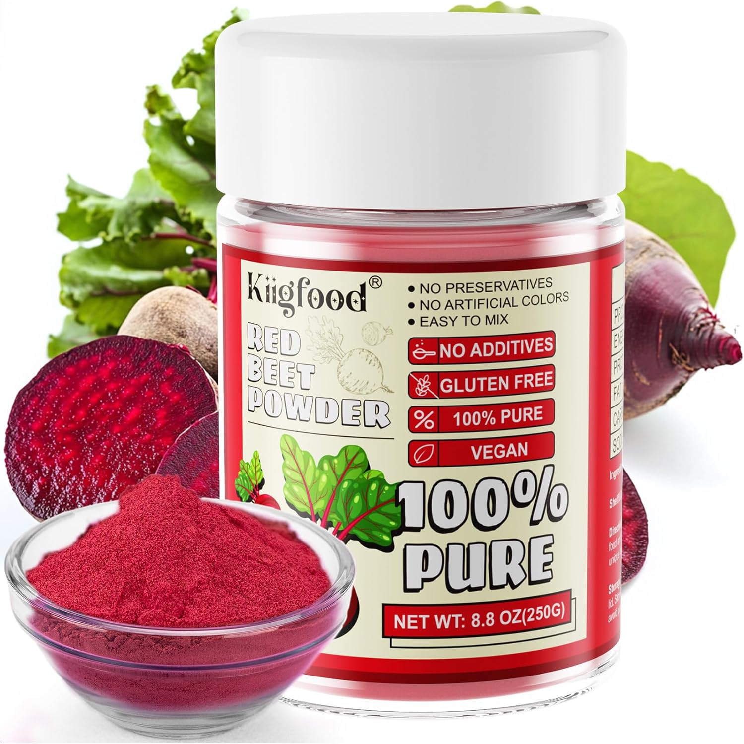 Natural Red Beet Powder - Kiigfood 8.8oz/250g Premium Red Food Coloring, Organic Beetroot Powder for Drinks, Cocktail, Smoothies, Christmas Baking - Vegan, Non-GMO, Gluten-Free