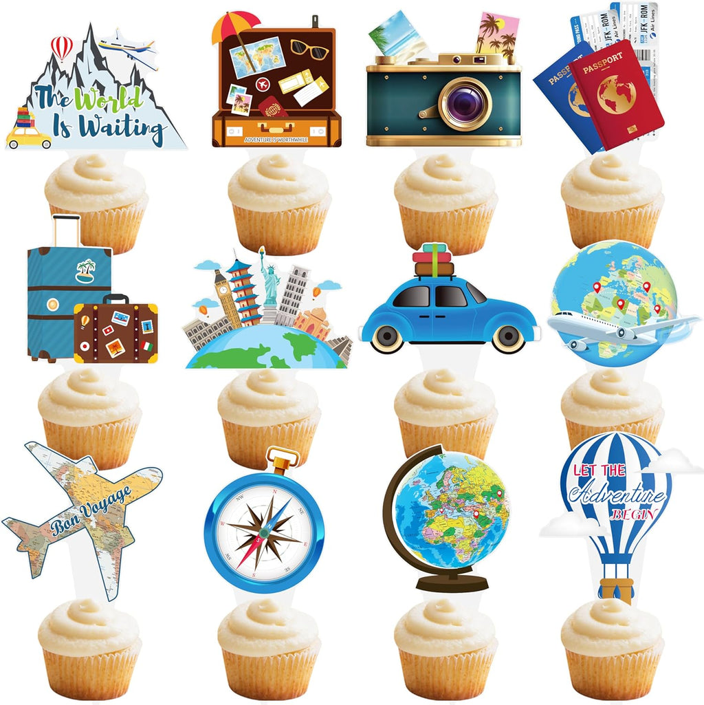 48pcs Travel Theme Cupcake Toppers Adventure Awaits Party Decorations Let The Adventure Begin Bon Voyage Map Theme Cupcake Toppers for Around The World Party Supplies