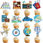 48pcs Travel Theme Cupcake Toppers Adventure Awaits Party Decorations Let The Adventure Begin Bon Voyage Map Theme Cupcake Toppers for Around The World Party Supplies