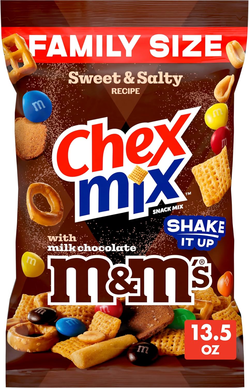 Chex Mix Sweet and Salty Recipe Snack Mix, with M&Ms Milk Chocolate Candies, Family Size, 13.5 oz