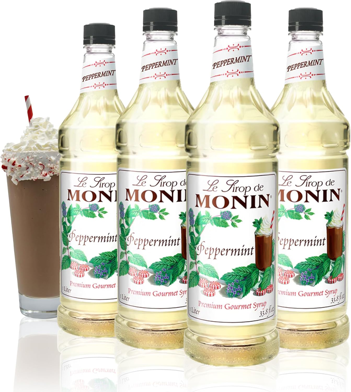 Monin - Peppermint Syrup, Cool Tingle of Candy Cane, Natural Flavors, Great for Cocoas, Mochas, Smoothies, and Sodas, Non-GMO, Gluten-Free (1 Liter, 4-Pack)