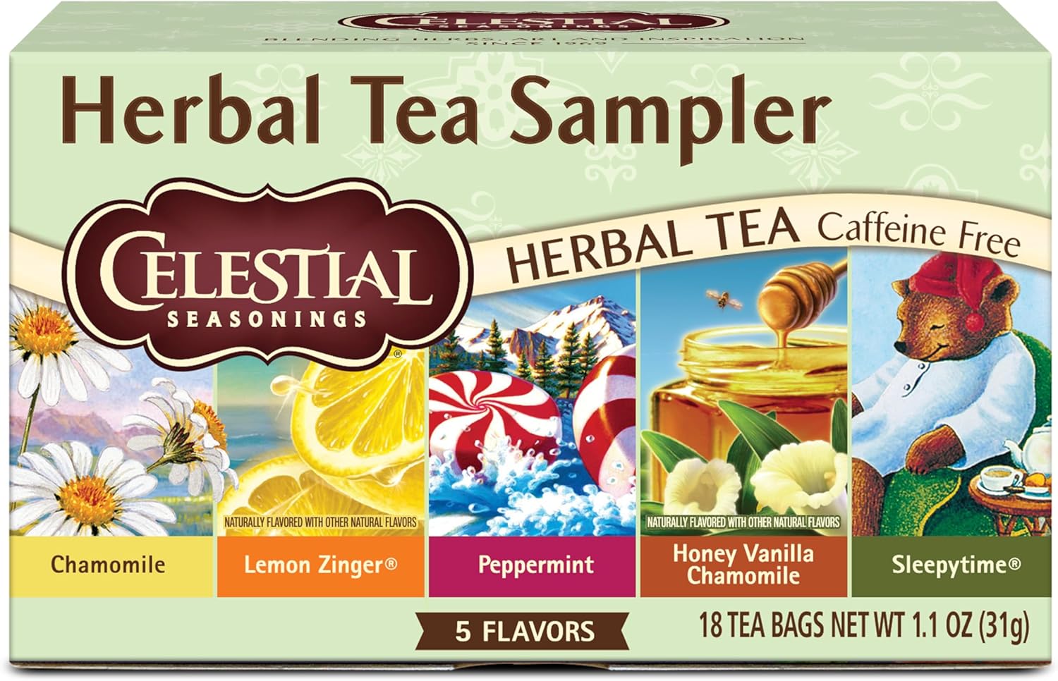 Celestial Seasonings Herbal Tea Sampler Variety Pack, Caffeine Free, 18 Tea Bags Box