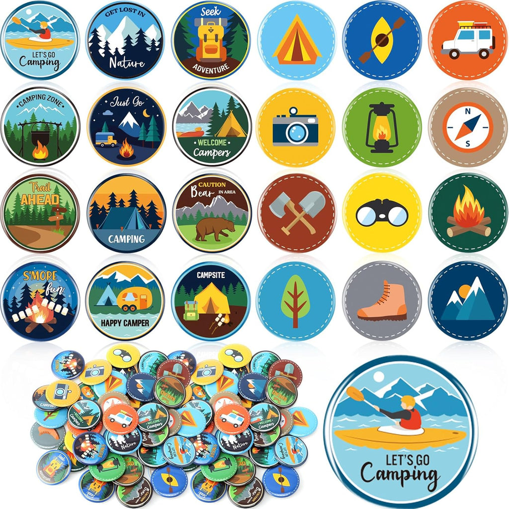 Eaasty 120 Pcs Scout Camping Pins Bulk Outdoor Nature Camp Badges Pins Halloween DIY Costume Accessories for Camping Party Favors Home Decoration