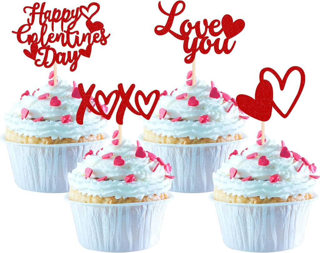 24 Pack Happy Galentine's Day Cupcake Toppers Red Glitter XOXO Sweet Love Heart Love You Valentine Cupcake Food Picks Happy Valentine's Day Theme Birthday Party Cake Decorations Supplies