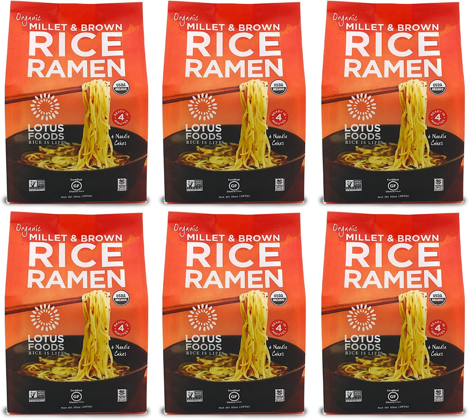 Lotus Foods Organic Millet & Brown Rice Ramen - Gluten Free Rice Ramen, Whole Grain Ramen Noodles, Low Sodium Rice Noodles, USDA Organic, Gluten Free, Vegan - 10 Oz Bags (Pack of 6)