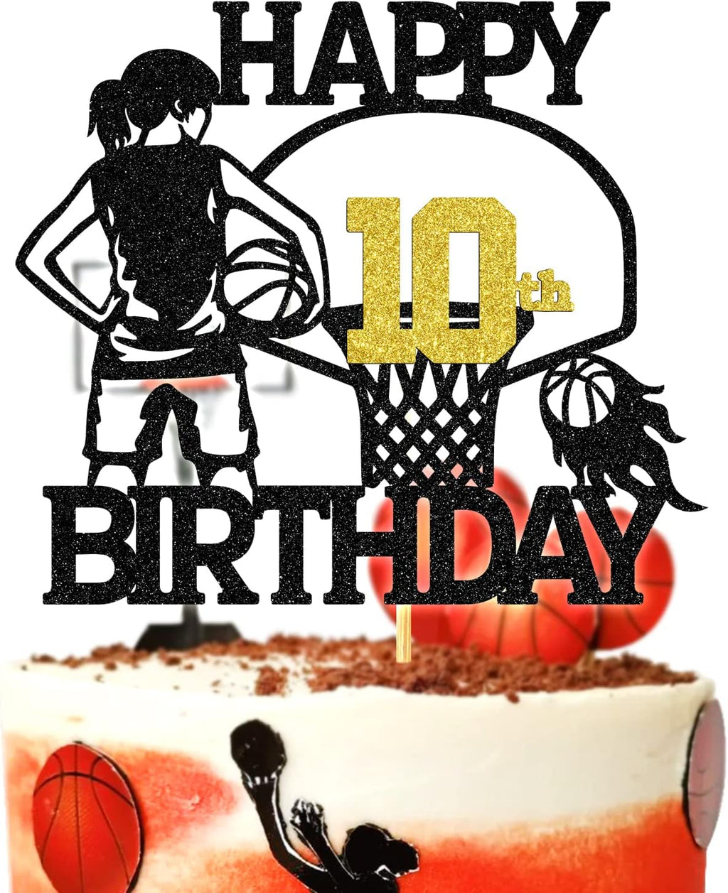 Tivurcia Basketball Happy 10th Birthday Cake Topper, Cheers to 10 Years Cake Decor, Sport Theme Tenth Birthday Party Event Decoration Supplies for Girl Kids