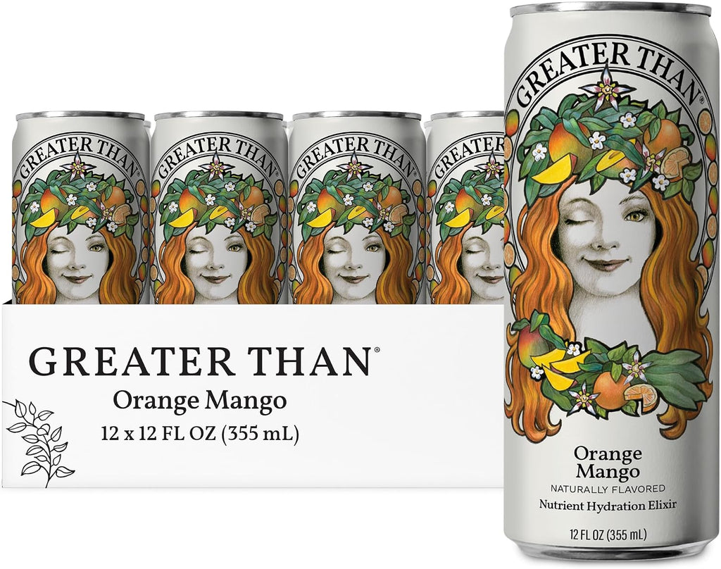GREATER THAN Hydration for Her - Nutrient Enhanced Coconut Water Electrolyte Beverage with Real Fruit, Plant-Based Vitamins & Fiber, Clean Functional Hydration, Orange Mango, 12 oz (12 Pack)
