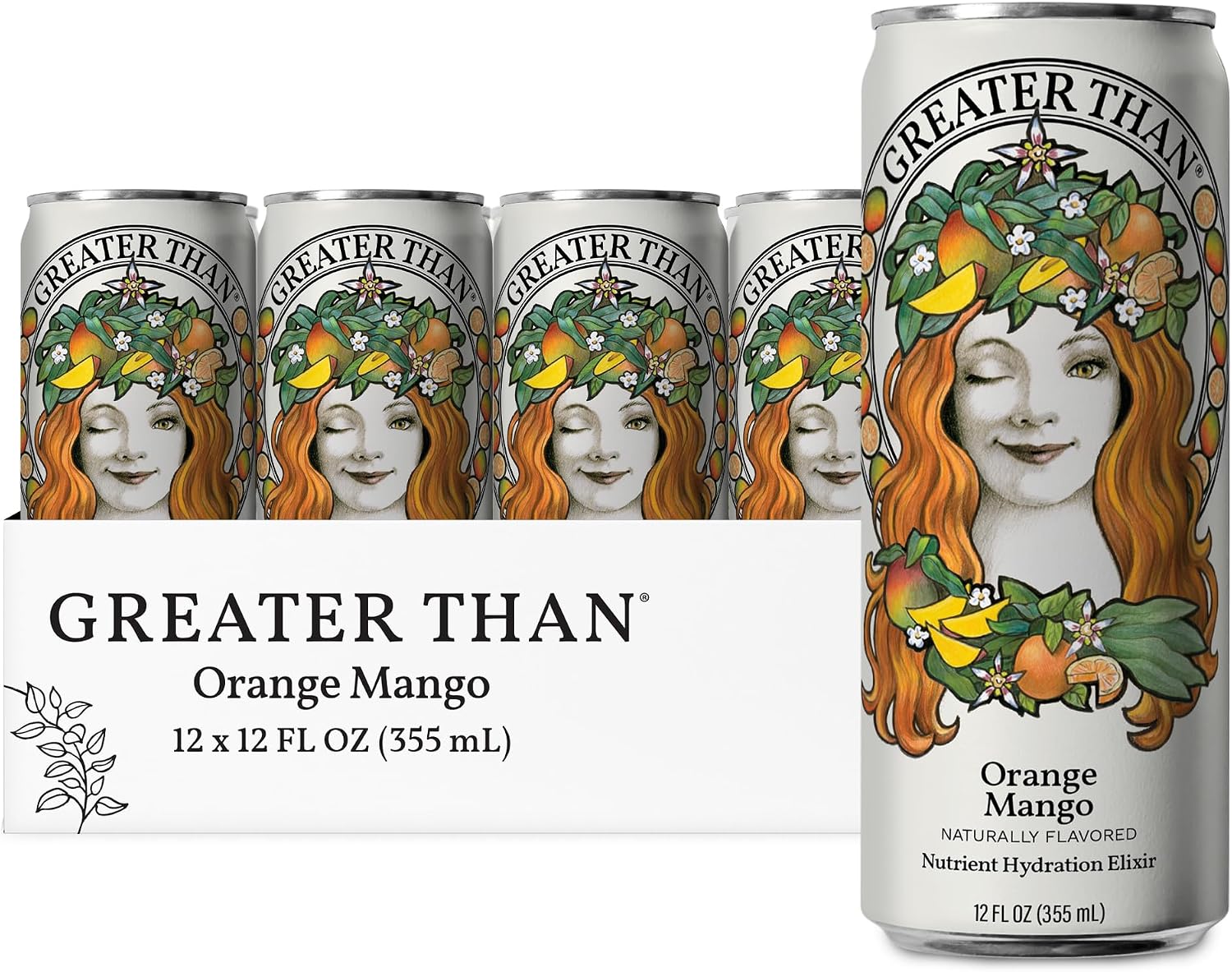GREATER THAN Hydration for Her - Nutrient Enhanced Coconut Water Electrolyte Beverage with Real Fruit, Plant-Based Vitamins & Fiber, Clean Functional Hydration, Orange Mango, 12 oz (12 Pack)