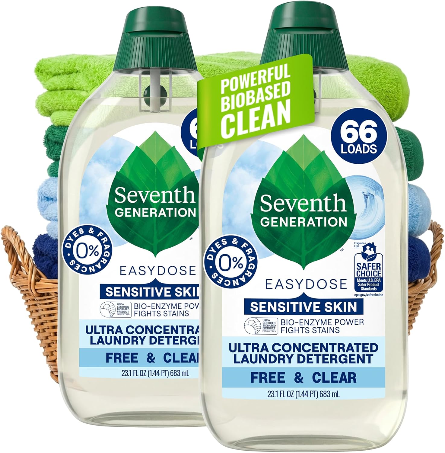 Seventh Generation Laundry Detergent, Ultra Concentrated EasyDose, Free & Clear, 23.1 Fl Oz (Pack of 2) (Packaging May Vary)