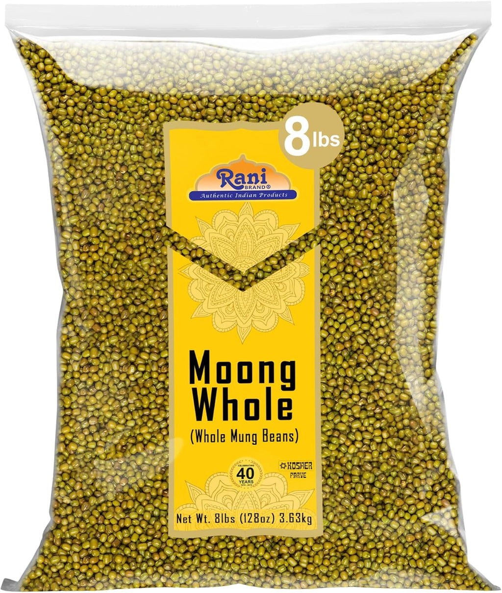 Rani Moong Whole (Ideal for cooking & sprouting, Whole Mung Beans with skin) Lentils Indian 128oz (8lbs) 3.63kg Bulk ~ All Natural | Gluten Friendly | Non-GMO | Kosher | Vegan | Indian Origin