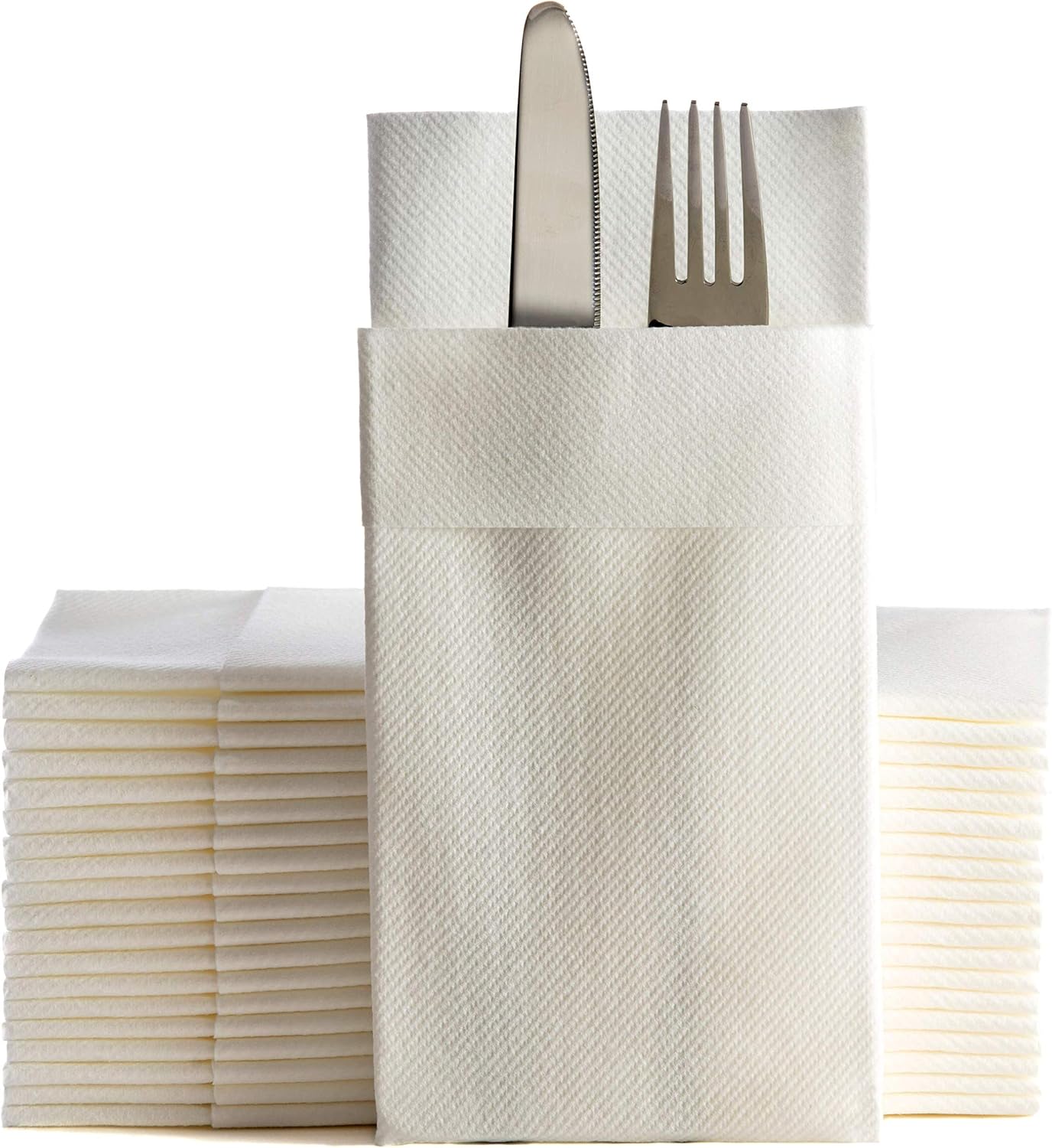 White Linen Feel Disposable Dinner Napkins with Pocket, Prefolded Cloth-Like Paper Napkins with Built-In Silverware & Flatware Pocket, 50 Pack – Wedding & Event Table Napkins