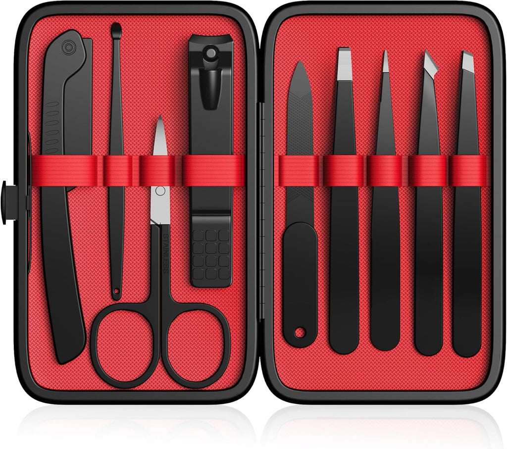 Yougai Tweezers Set,9 Pcs Professional Stainless Steel Tweezer Kit-Great Precision Eyebrow Tweezers for Ingrown Facial Hair with Leather Travel Case as Stocking Stuffing Gifts