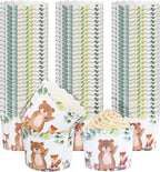 Potchen 100 Pcs Woodland Cupcake Liners Baby Shower Decorations Paper Forest Animal Baking Cups Decorative Jungle Cupcake Wrappers Holders for Birthday Baby Shower Party Supplies