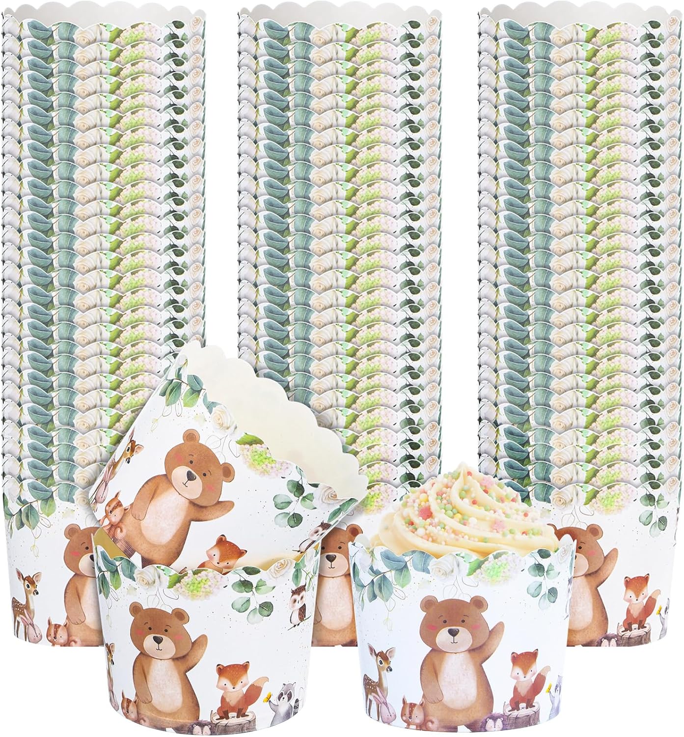 Potchen 100 Pcs Woodland Cupcake Liners Baby Shower Decorations Paper Forest Animal Baking Cups Decorative Jungle Cupcake Wrappers Holders for Birthday Baby Shower Party Supplies