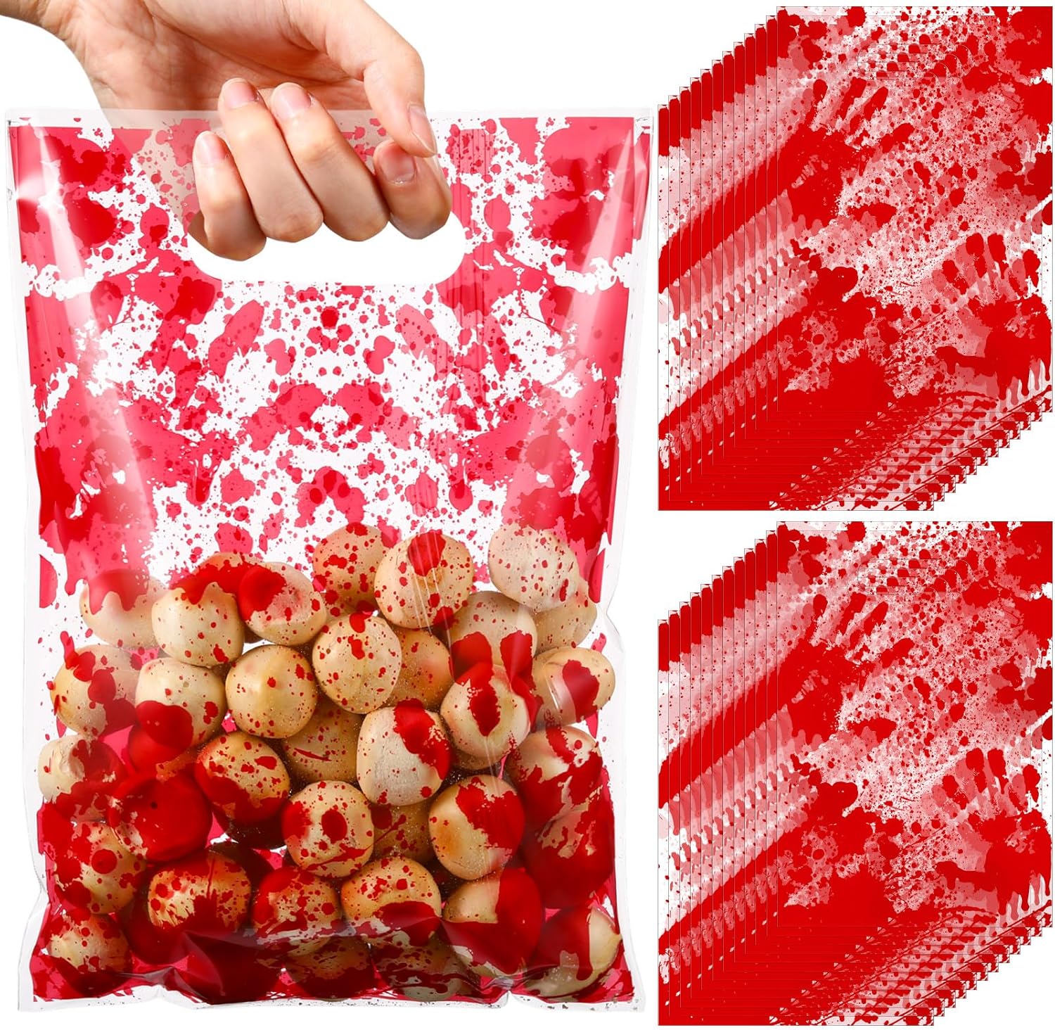 Pajean 100 Pcs Halloween Bloody Treat Bags Goodie Candy Cellophane Handprint Gift Plastic Bags with Handle for Horror Zombie Splatter Scary Trick or Treat Party Favors, 9.8x6.7 Inch(Light)
