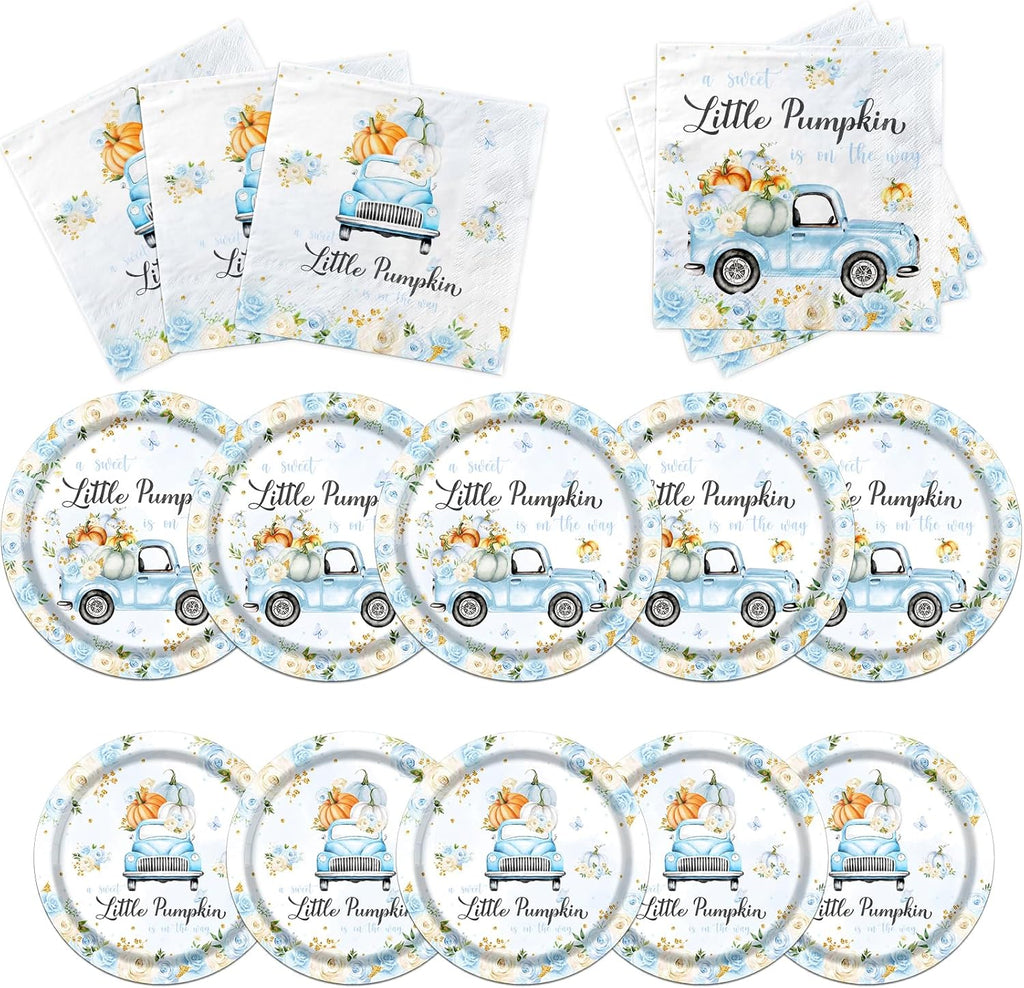 Little Pumpkin Paper Plates and Napkin Pumpkin Baby Shower Party Decorations for Boy A Little Sweet Pumpkin is On The Way Blue Floral Truck Disposable Tableware Party Supplies Favor for 25 Guests