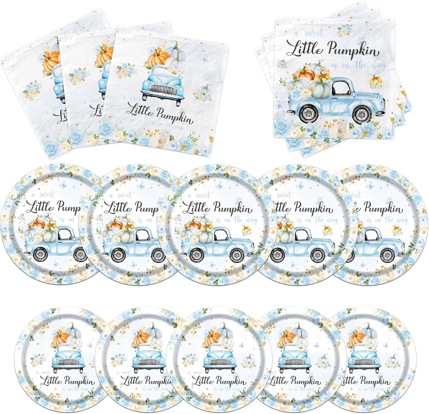 Little Pumpkin Paper Plates and Napkin Pumpkin Baby Shower Party Decorations for Boy A Little Sweet Pumpkin is On The Way Blue Floral Truck Disposable Tableware Party Supplies Favor for 25 Guests