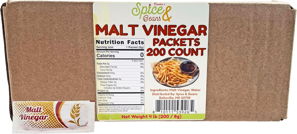 Malt Vinegar | 4 Gram Portion Control Packets | By Dasher's Spice & Beans | 200 Count