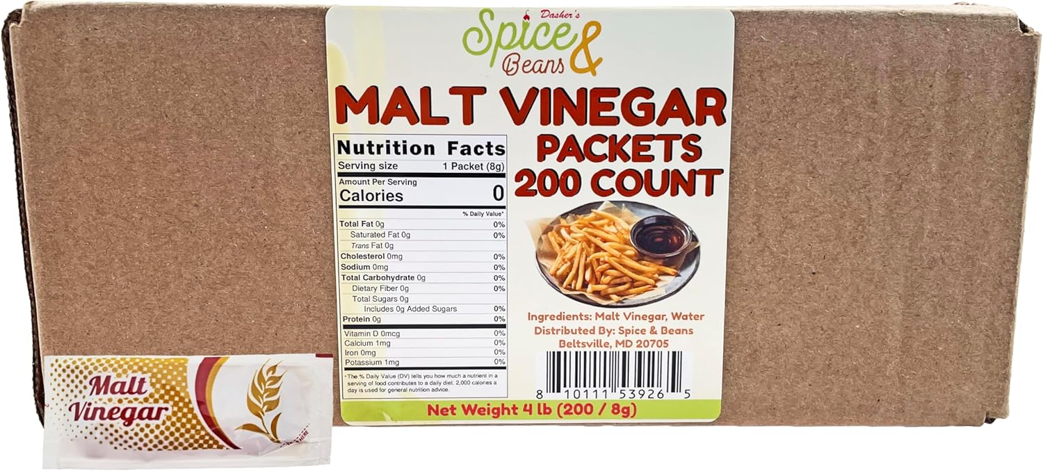 Malt Vinegar | 4 Gram Portion Control Packets | By Dasher's Spice & Beans | 200 Count