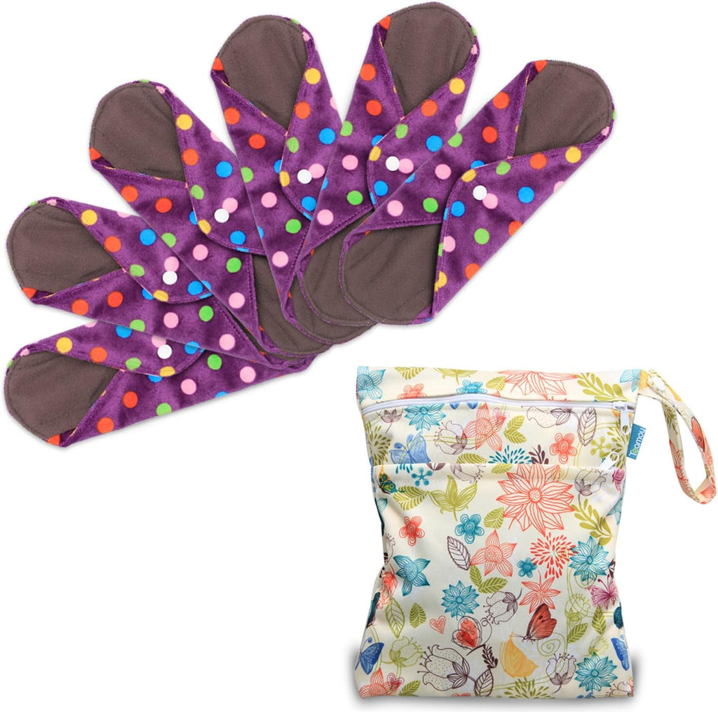 Teamoy 6Pcs 10 Inches Sanitary pad, Reusable Washable Cloth Menstrual Pads/Panty Liners with Wet Bag, Super-Absorbent, Soft and Comfortable, Perfect for General Flow(Medium, Purple Dots)