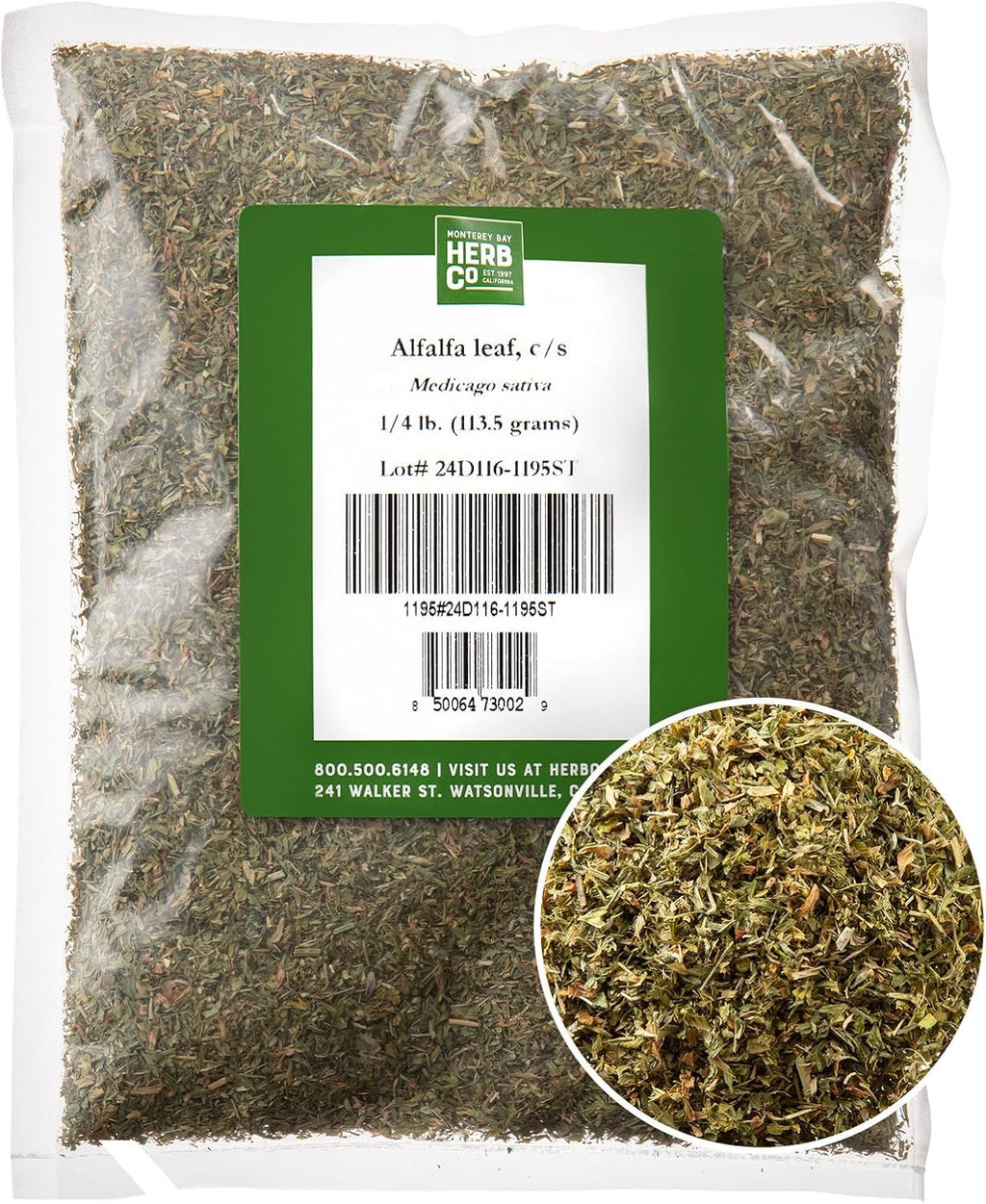 Alfalfa Leaf Cut & Sifted, by Herb Co, Non-GMO, Non-Irradiated, for Herbal Teas, Soups & Smoothies, Bright Earthy Flavor, Kosher, 1/4 lb