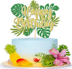 1 PCS Tropical Leaves Cake Topper Green Glitter Happy Birthday Cake Pick Jungle Palm Leaf Cake Decoration for Tropical Leaves Theme Baby Shower Kids Birthday Party Cake Decorations Supplies