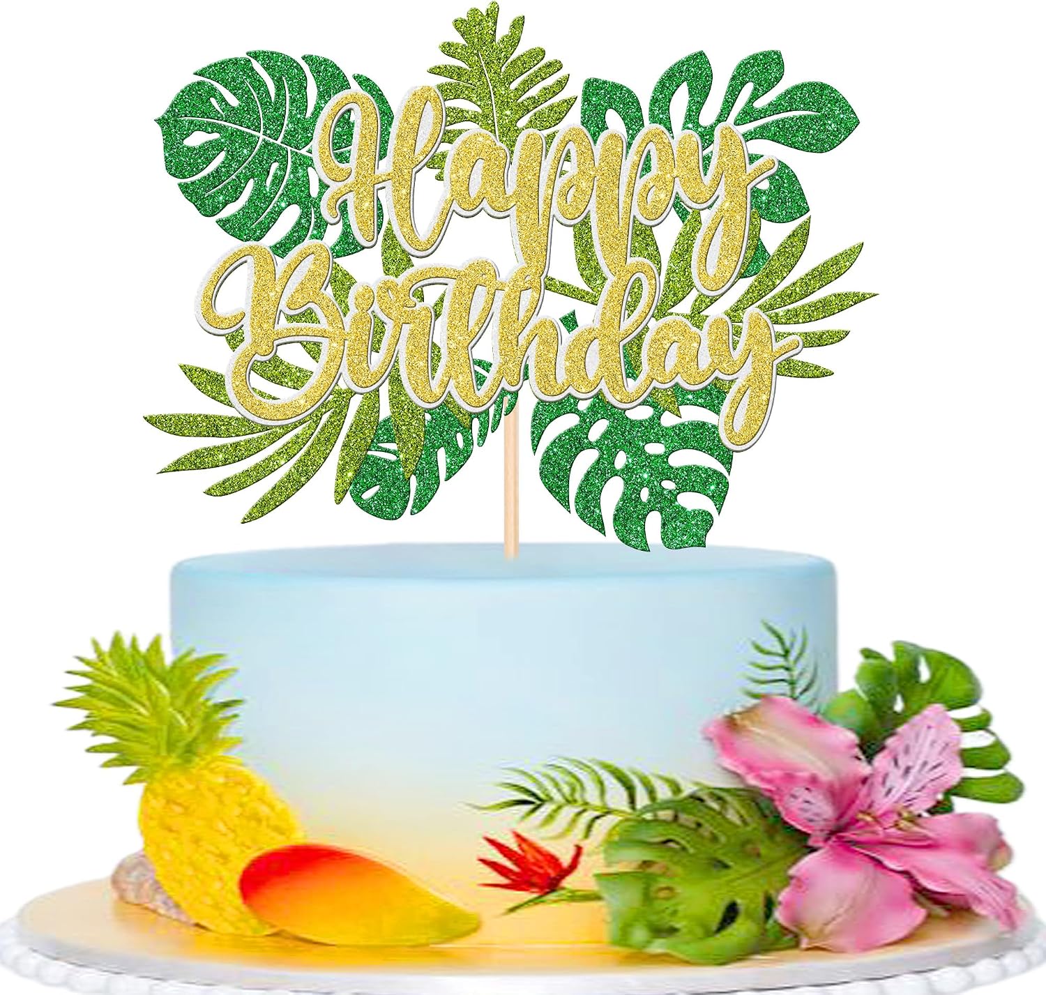 1 PCS Tropical Leaves Cake Topper Green Glitter Happy Birthday Cake Pick Jungle Palm Leaf Cake Decoration for Tropical Leaves Theme Baby Shower Kids Birthday Party Cake Decorations Supplies