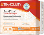 Tranquility AIR-Plus Extra-Strength Breathable Underpads, 30"x36", 34oz Absorbency, 100% Breathable, Supports Repositioning up to 450lbs, Latex-Free, 10ct Bag