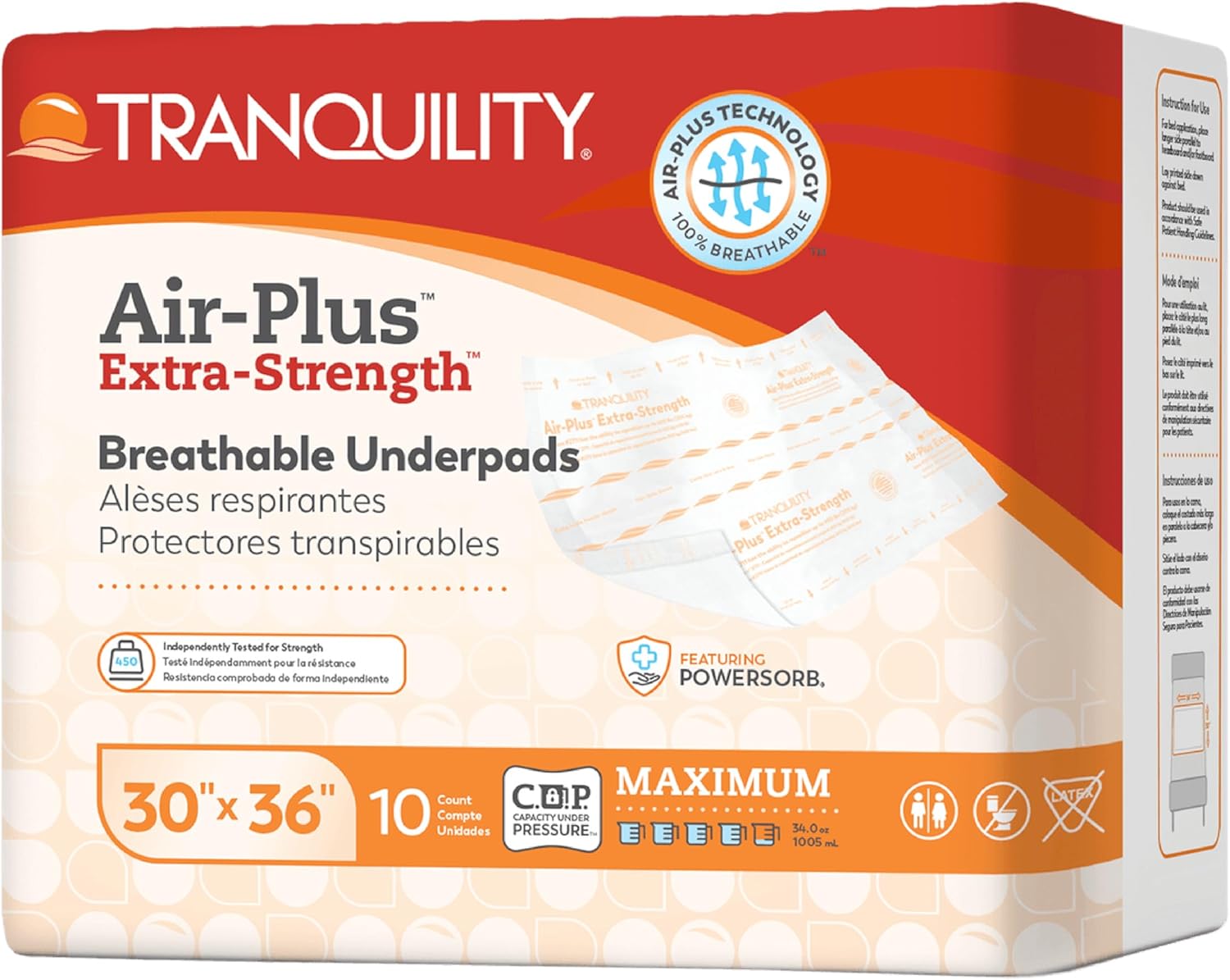 Tranquility AIR-Plus Extra-Strength Breathable Underpads, 30"x36", 34oz Absorbency, 100% Breathable, Supports Repositioning up to 450lbs, Latex-Free, 10ct Bag