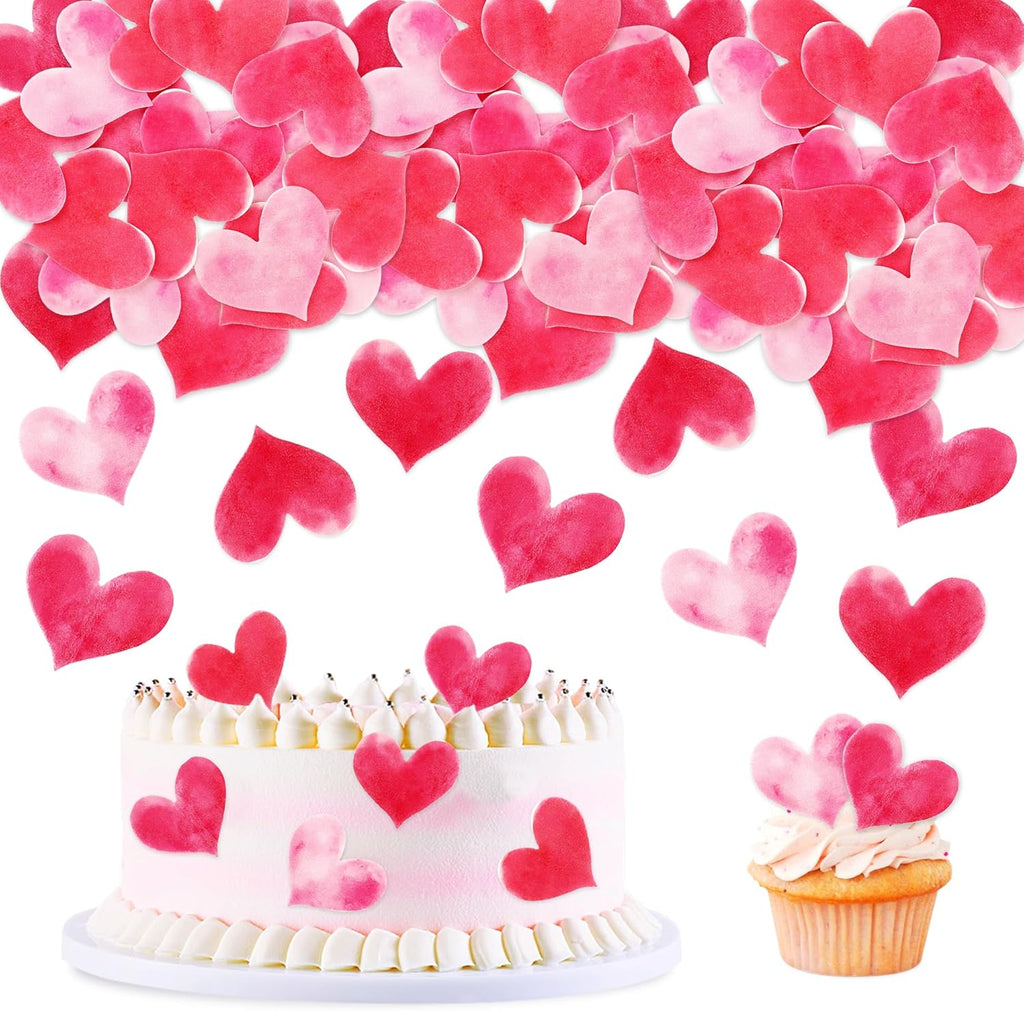 50Pcs Edible Red Heart Cupcake Toppers Edible Pink Hearts for Bridal Shower Engagement Wedding Anniversary Baby Shower Girls Heart Birthday Valentine's Day Mother's Day Party Decorations
