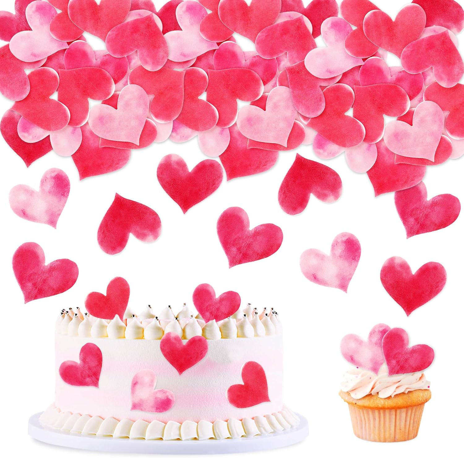 50Pcs Edible Red Heart Cupcake Toppers Edible Pink Hearts for Bridal Shower Engagement Wedding Anniversary Baby Shower Girls Heart Birthday Valentine's Day Mother's Day Party Decorations