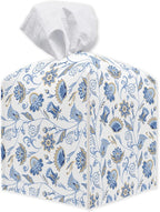 Tissue Box Cover - Blue Print PU Leather Tissue Holder Square Tissue Cube Box - Organizer for Night Stands, Vanity Countertop, Car, Spring Decorations for Home Office Tabletop Supplies & Decor - A01
