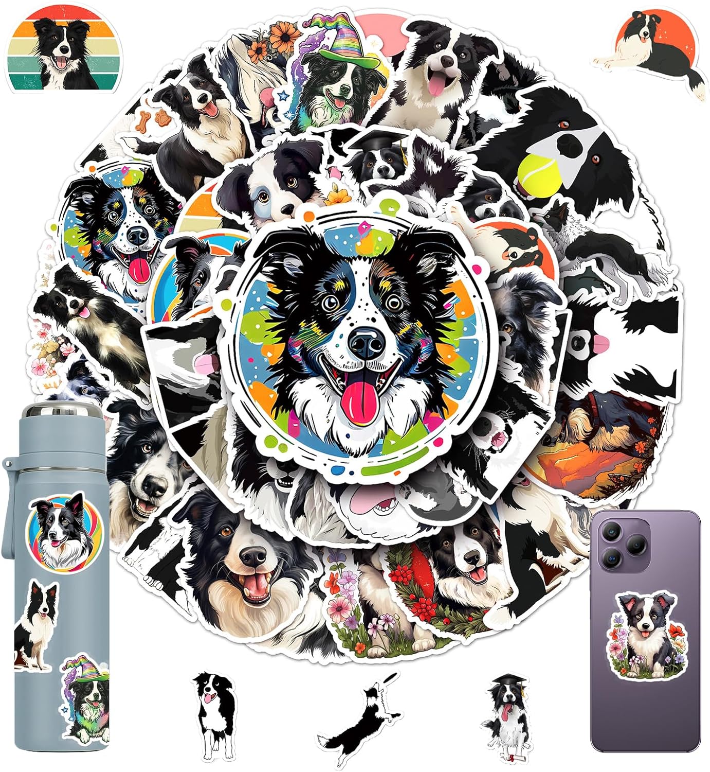 50Pcs Border Collie Dogs Stickers Cute Border Collie Pets Dog Vinyl Waterproof Decals for Decor Laptop Water Bottle Phone Window Scrapbook Kids Teens Adults Reward Gifts Sticker