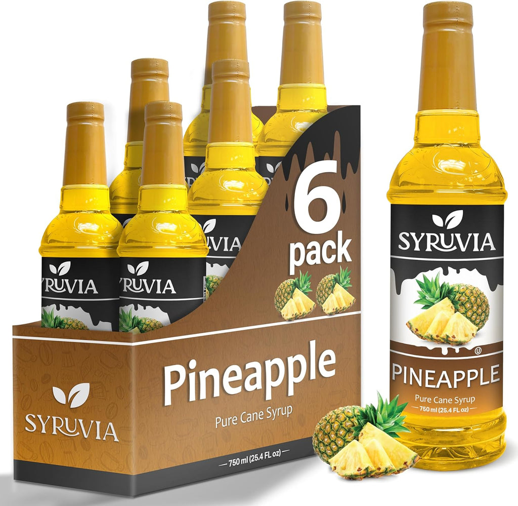 Pineapple Syrup by Syruvia 6-Pack, 25.4 fl oz, Wholesale Coffee Syrup Shops, Cafes, Baristas, Bistros, & Beverage Bars, Bulk Kosher & Gluten-Free