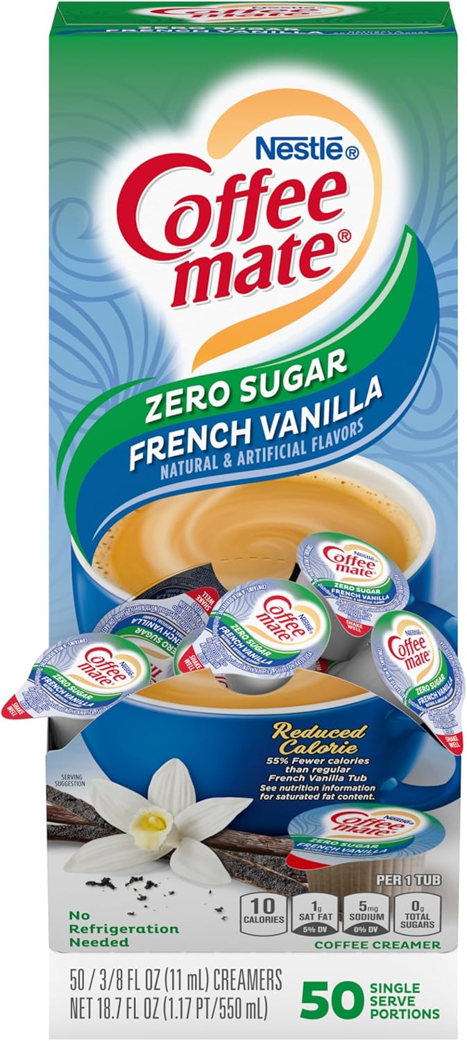 Nestle Coffee mate Coffee Creamer, Sugar Free French Vanilla, Liquid Creamer Singles, Non Dairy, No Refrigeration, Box of 50 Singles