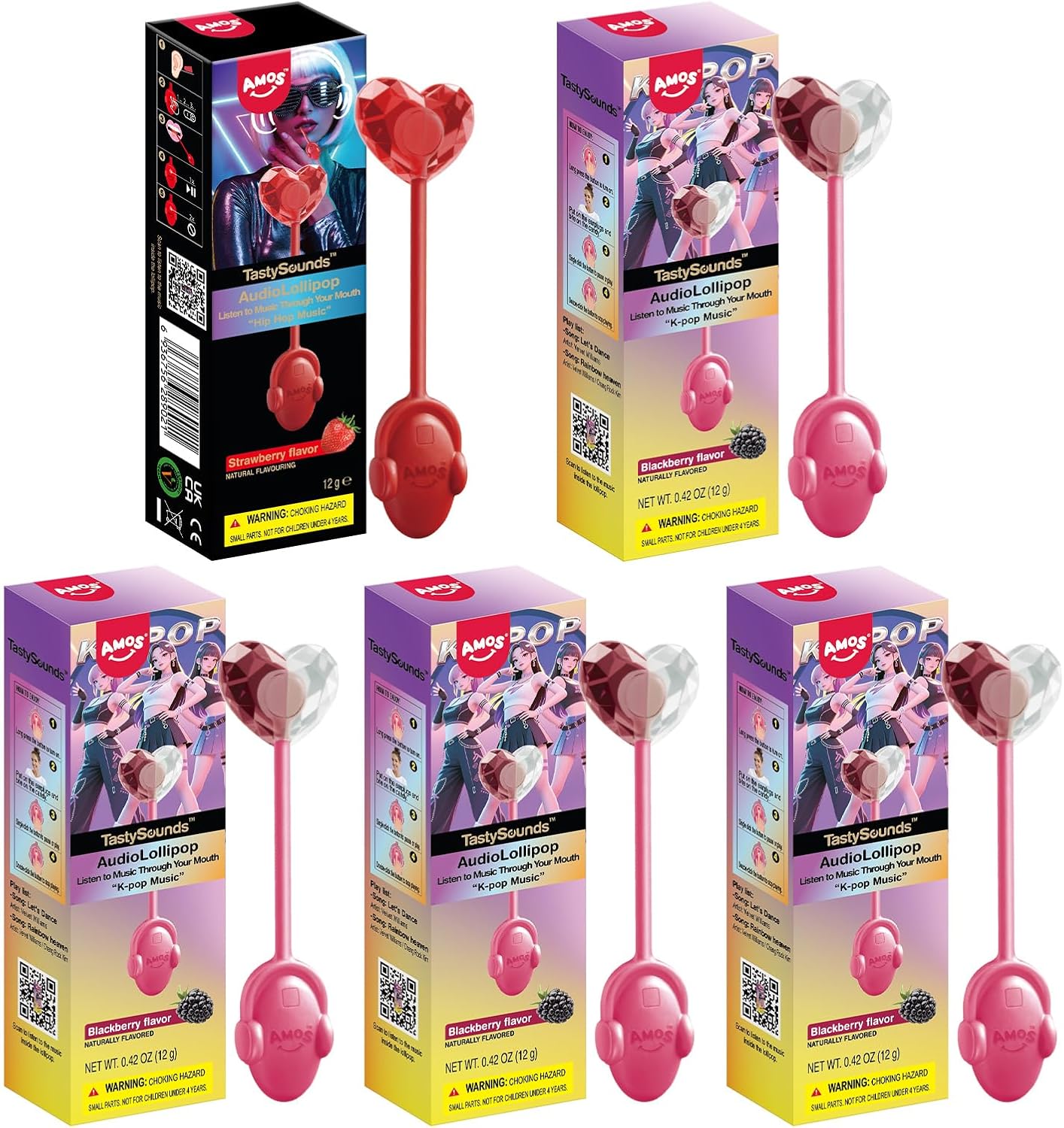 Amos TastySounds Audio Music Lollipop Candy – Singing Music Lollipop Suckers, Sugar-Free, 5-Pack Variety (1x Strawberry, 4x Blacberry), Individually Wrapped