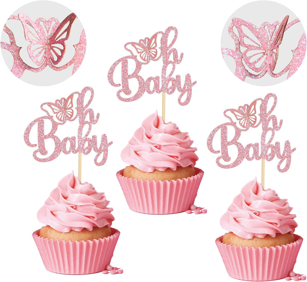 Gyufise 24Pcs Pink Glitter Oh Baby Butterfly Cupcake Toppers Gender Reveal Babyshower Cake Decorations Butterfly Theme Baby Shower Girls Birthday Party Cake Decorations Supplies