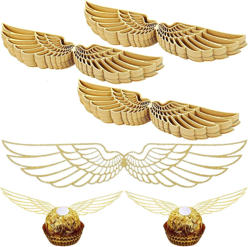 50 Golden Chocolate Wings Cupcake Toppers, Chocolate Cake Decoration, Angel Wings Wizard Cupcake Top Cover, Edible Wafer Decorations for Birthday/Wedding/Anniversary/Wizard Party