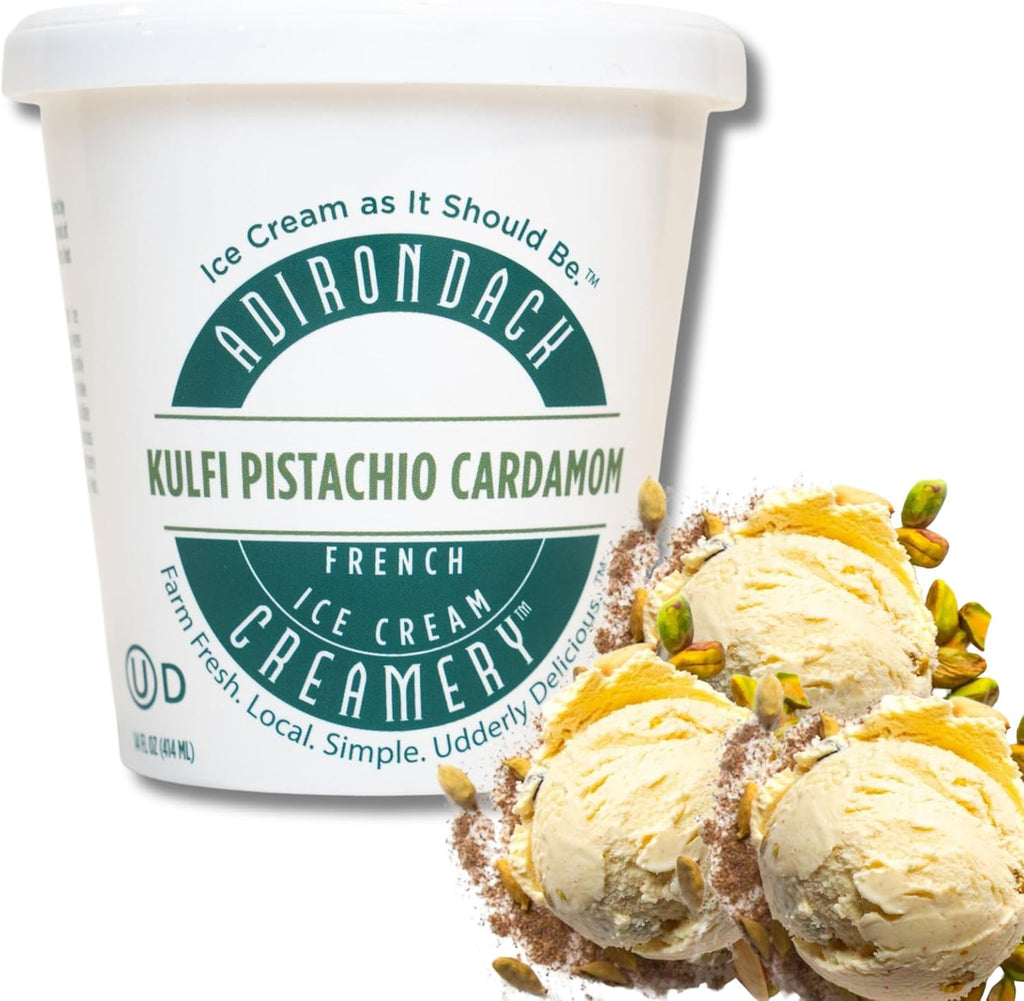 Adirondack Creamery - French Ice Cream - Kulfi-Pistachio Cardamom - All Natural, Kosher, & Cruelty-Free - Sourced from Local Farms - Made w/a Fragrant Blend of Spices - 14oz