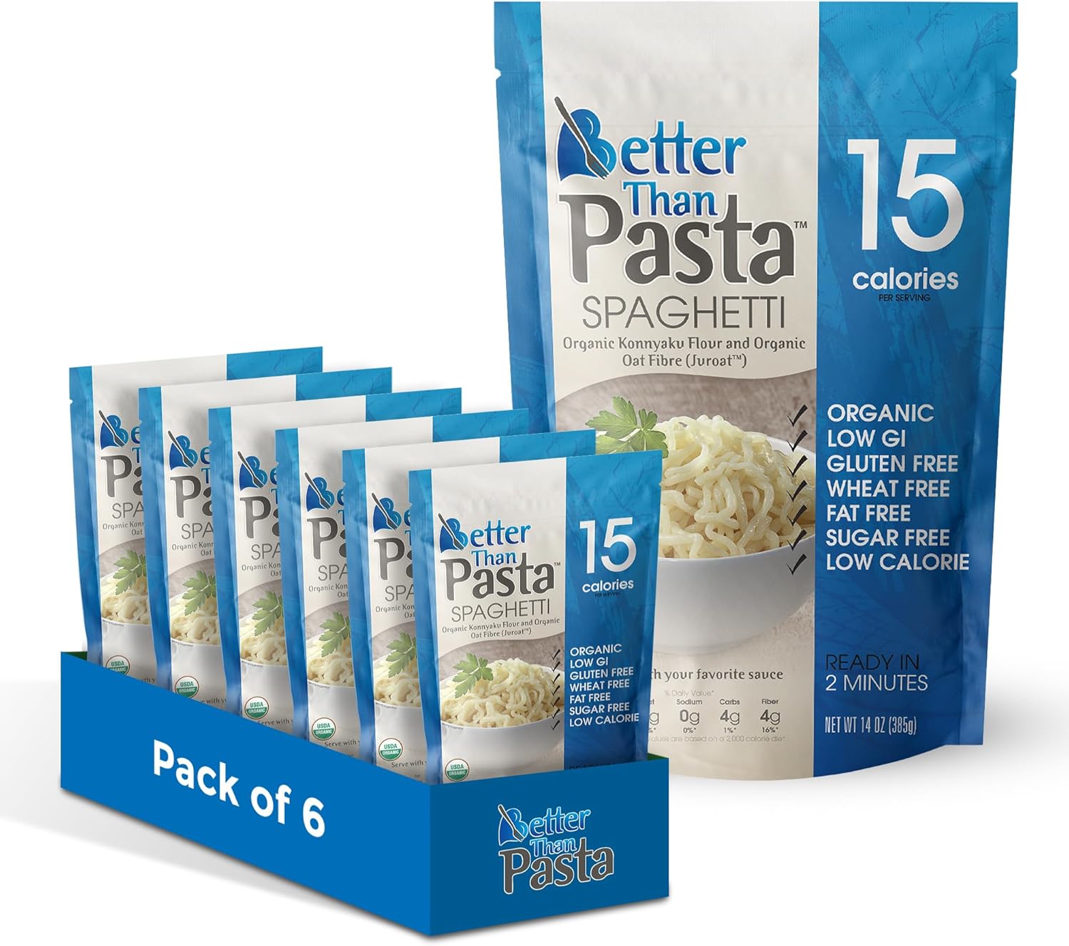 Better Than Pasta Organic Shirataki Spaghetti – USDA Organic, Zero Net Carbs, Keto & Diabetic Friendly, Gluten-Free, Low-Calorie, Plant-Based, Non-GMO, No Odor, Ready-to-Eat Konjac Noodles – 14oz (Pack of 6)