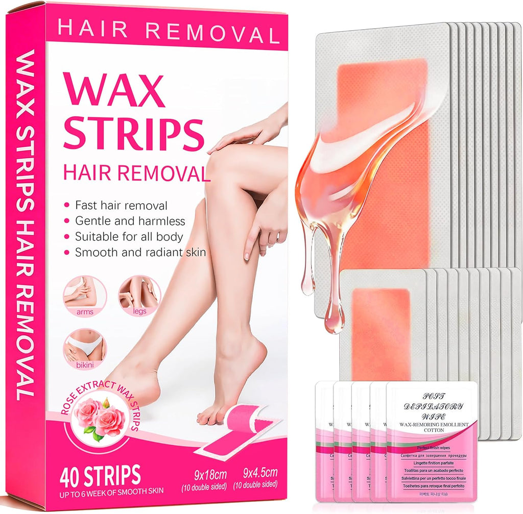 Wax Strips for Hair Removal, Facial & Body Waxing Kit for Women, Hypoallergenic Cold Wax for Face & Sensitive Skin, No-Heat for Bikini, Arms & Legs 40Pcs