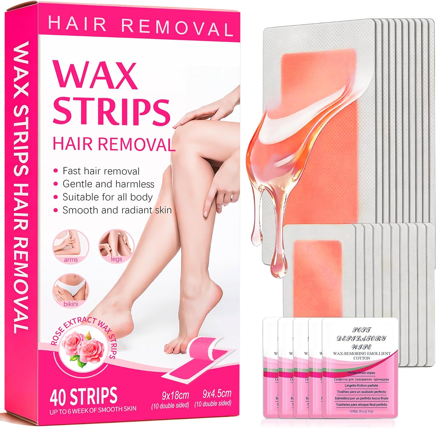 Wax Strips for Hair Removal, Facial & Body Waxing Kit for Women, Hypoallergenic Cold Wax for Face & Sensitive Skin, No-Heat for Bikini, Arms & Legs 40Pcs