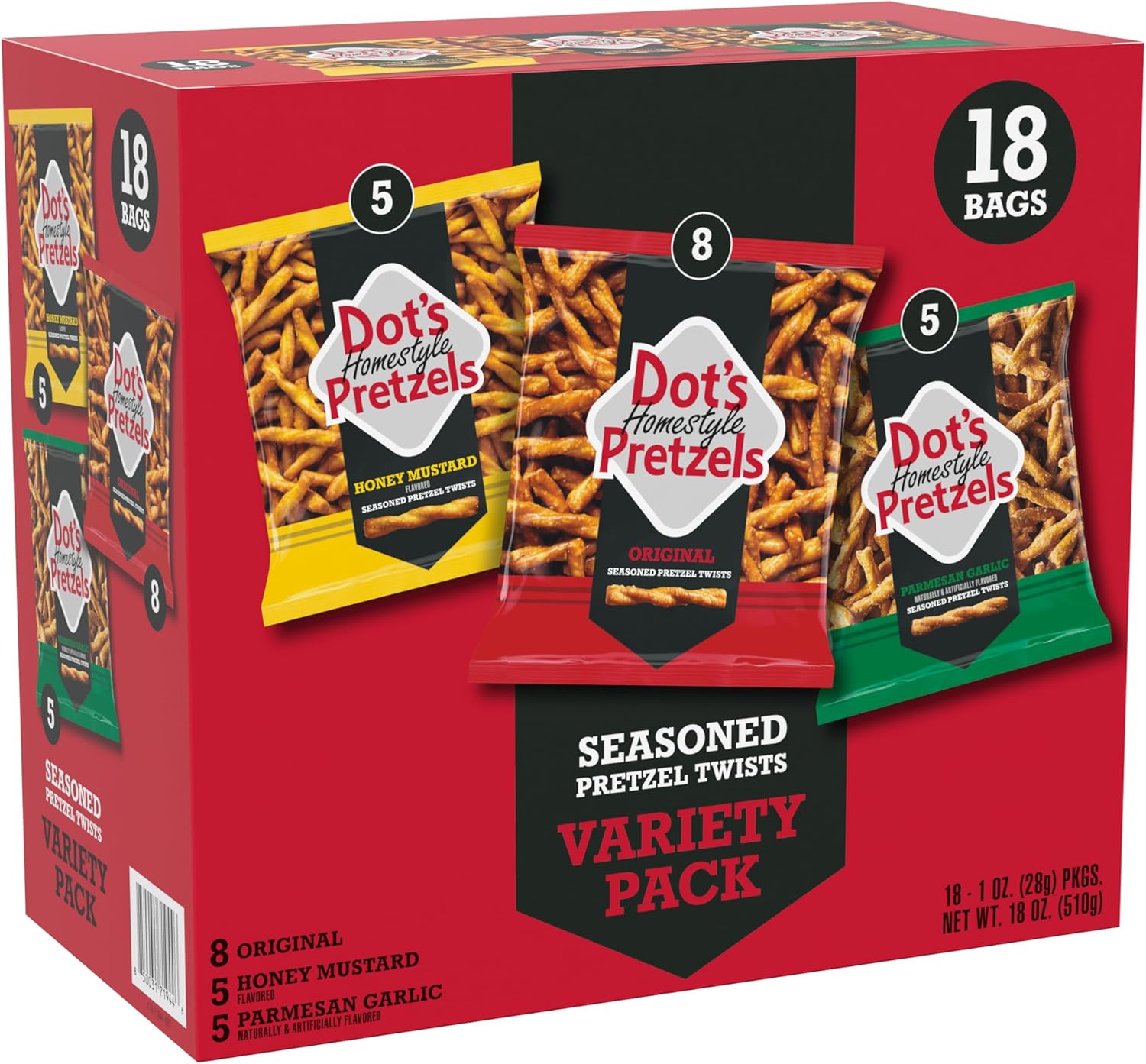 Dot's Homestyle Pretzels Variety Pack, Original, Honey Mustard, and Parmesan Garlic Twist Snack, 1oz Individually Sized Bags (18 Count)