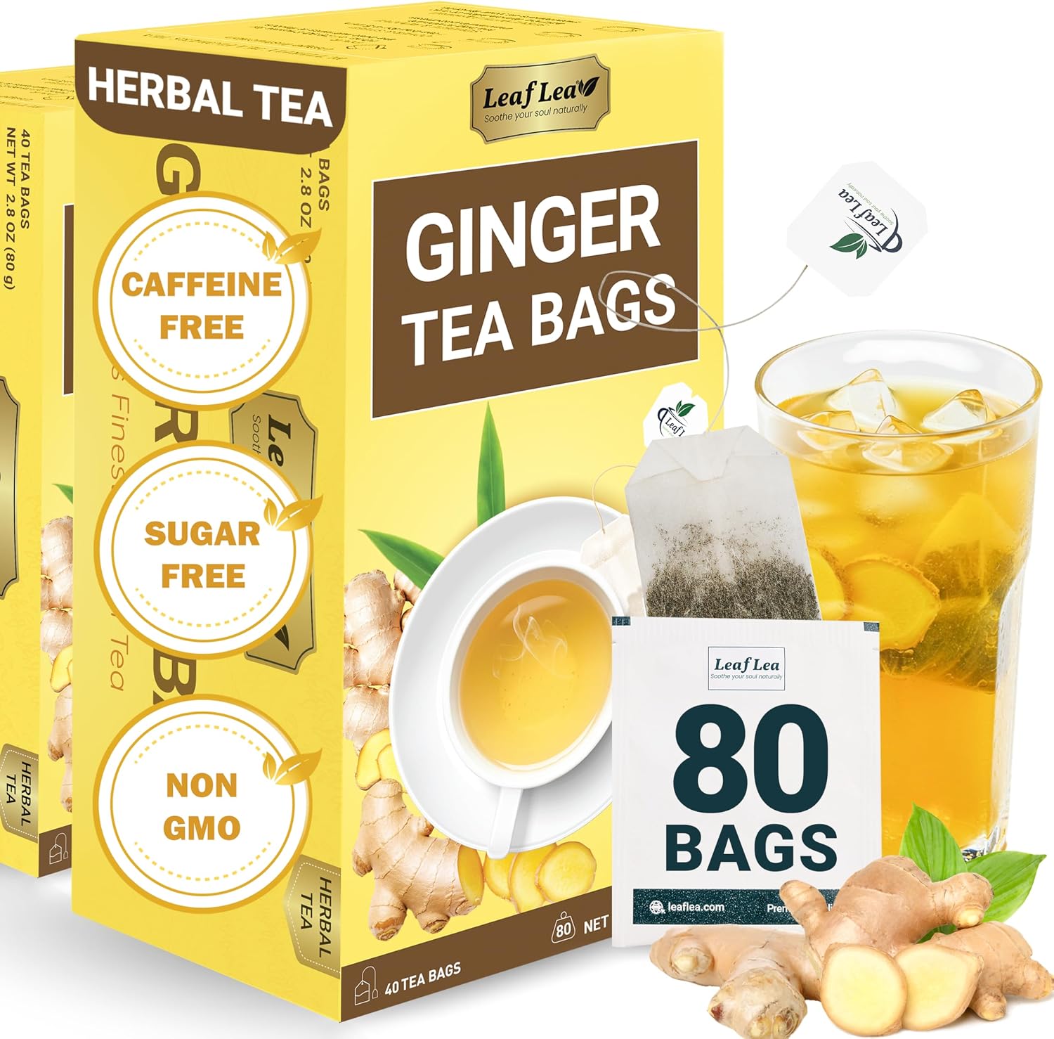 LeafLea 100% Pure Ginger Root Tea Bags – Spicy & Warming Herbal Tea, Supports Digestion & Immune Health, Individually Wrapped, Non-GMO, Caffeine Free, Sugar Free, No Gluten
