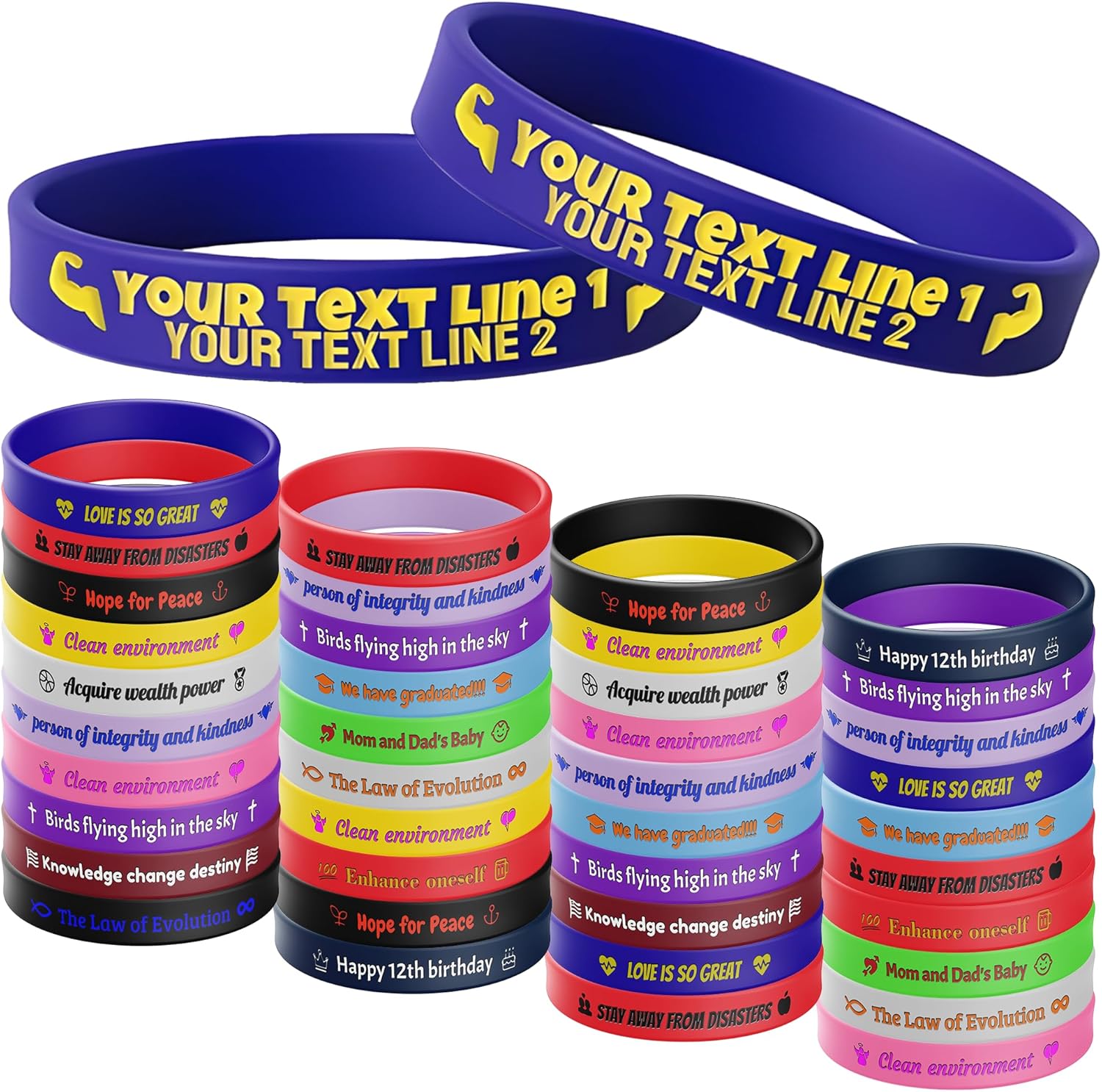 10-5000 Pcs Custom Rubber Bracelet Bulk - Personalized Silicone Wristbands with Debossed Text/Icon - Customizable Silicone Bracelets for Motivational, Fundraising, Events, Promotions, Gifts, Awareness
